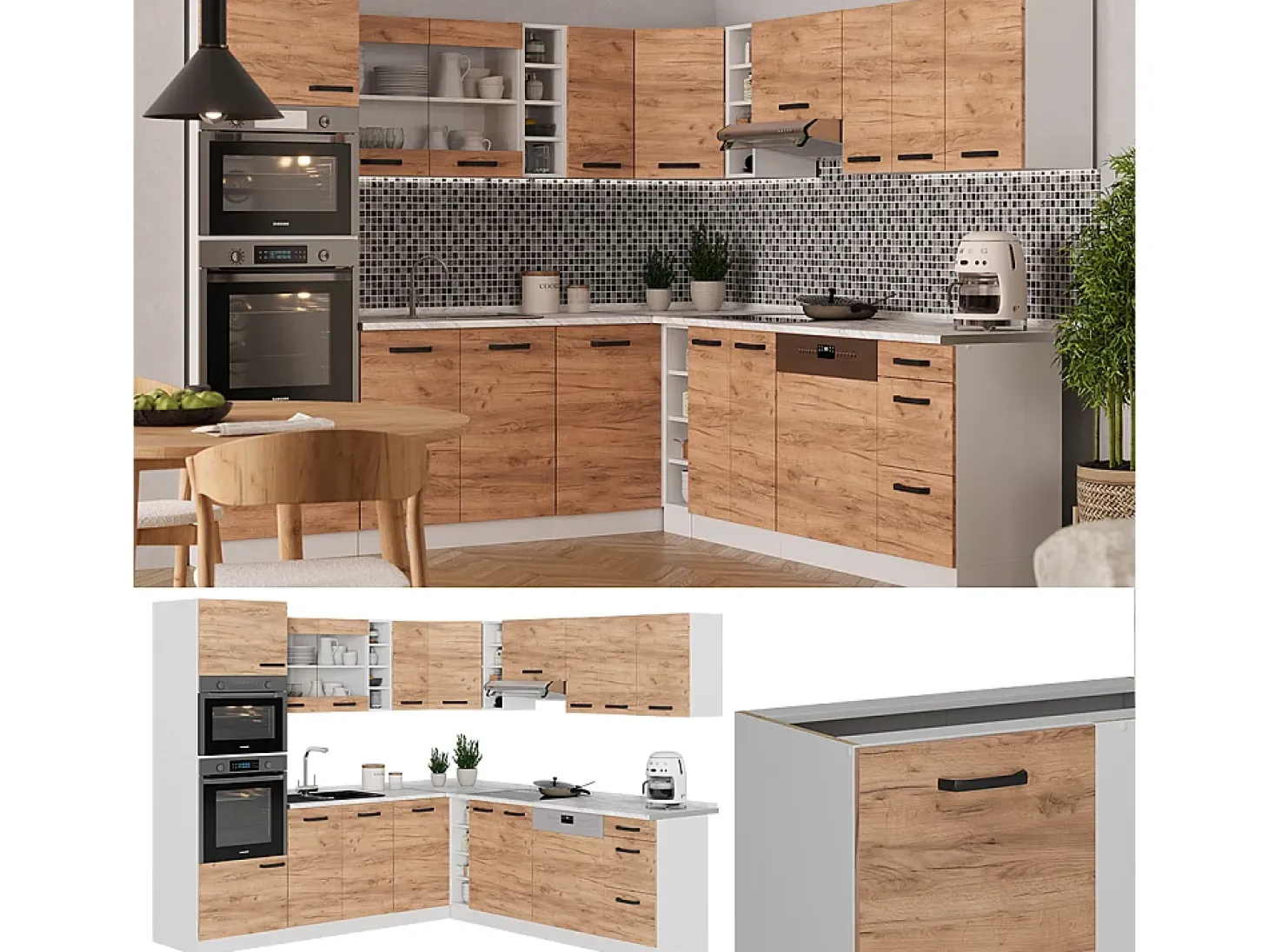 Cocina esquinera oro potencia roble/blanco 247x60x81.6 r-line