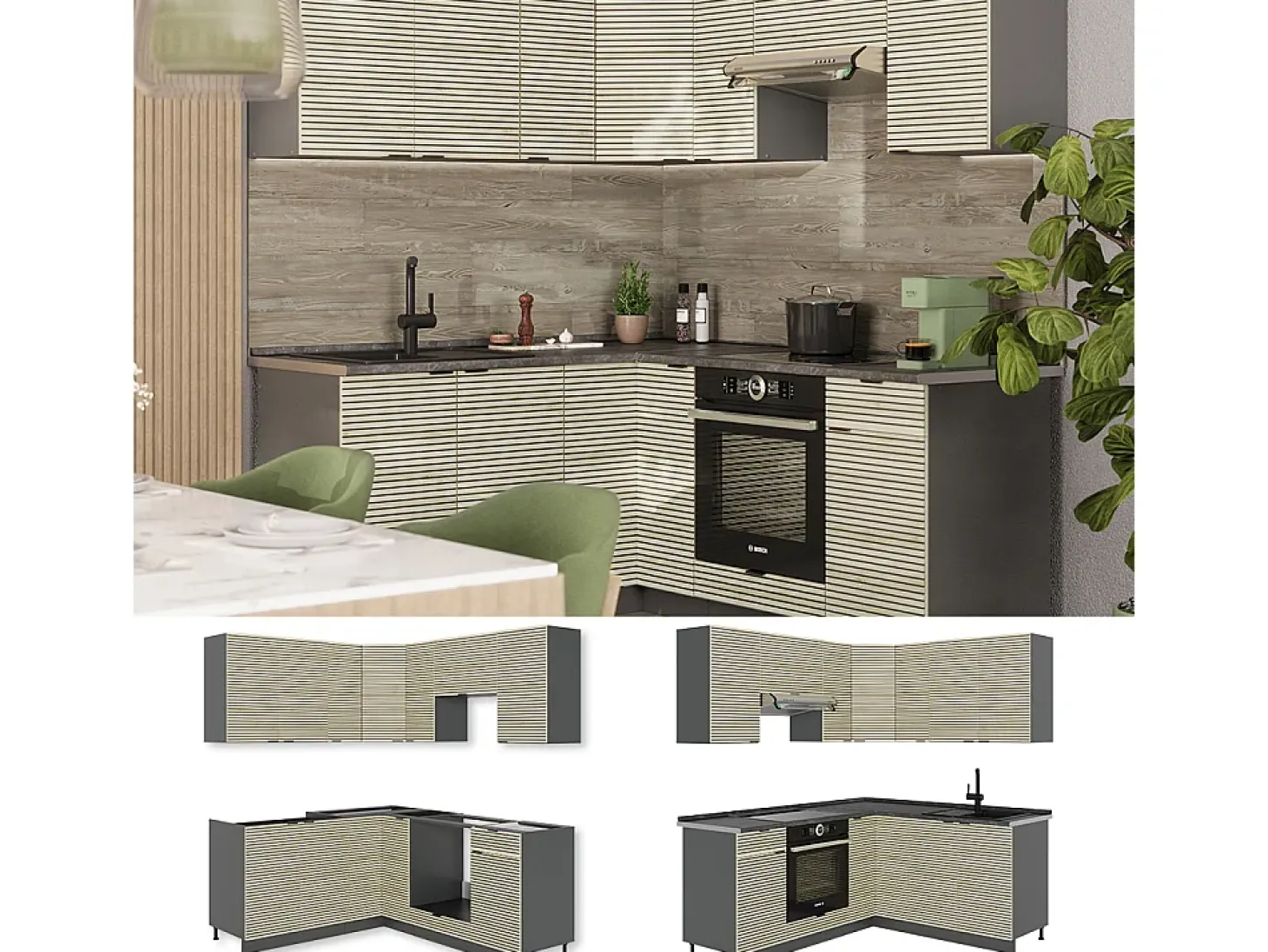 Cocina esquinera panel de roble/antracita 190x60x81.6 fame-line