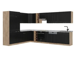 Cocina esquinera rayas negras/roble dorado 347x60x81.6 fame-line