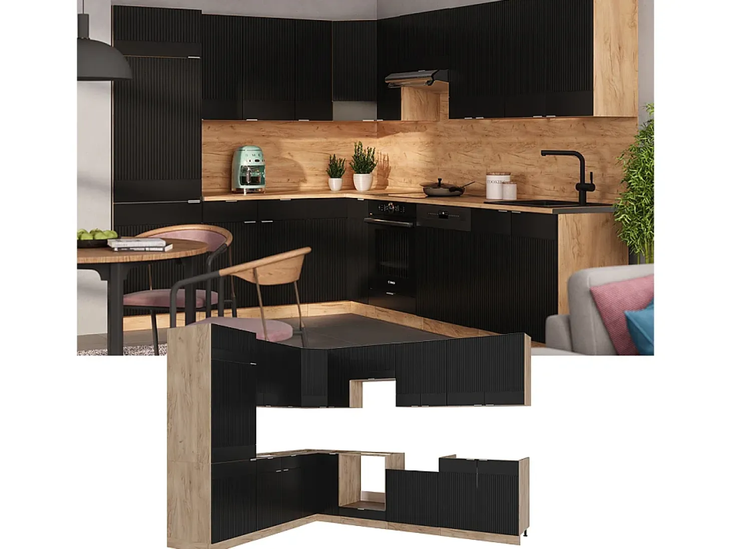 Cocina esquinera rayas negras/roble dorado 227x60x81.6 fame-line