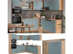 Cocina esquinera roble azul-gris-dorado 247x46x81.6 r-line