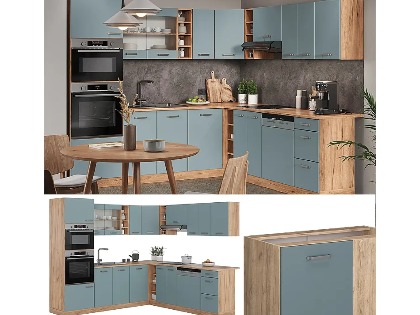 Cocina esquinera roble azul-gris-dorado 247x46x81.6 r-line