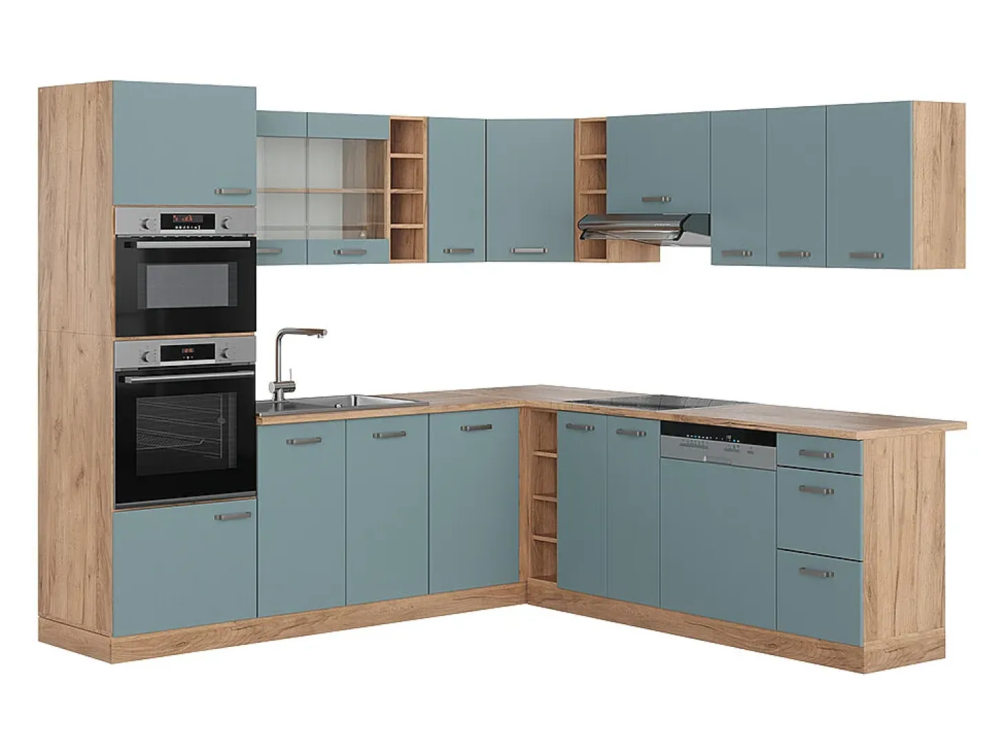 Cocina esquinera roble azul-gris-dorado 247x46x81.6 r-line