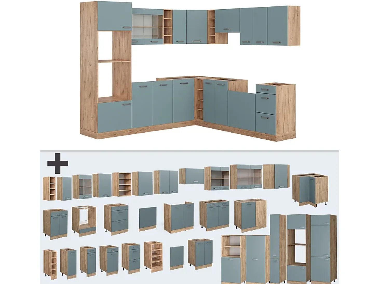 Cocina esquinera roble azul-gris-dorado 247x46x81.6 r-line