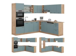 Cocina esquinera roble azul-gris-dorado 247x46x81.6 r-line