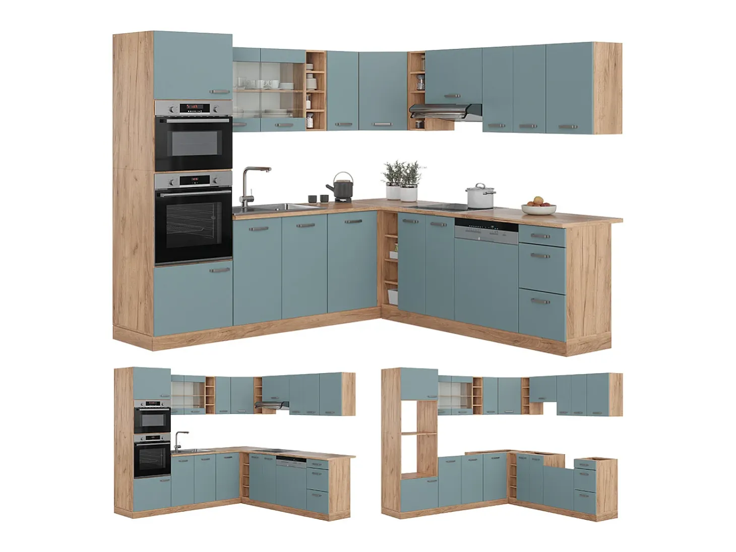 Cocina esquinera roble azul-gris-dorado 247x46x81.6 r-line
