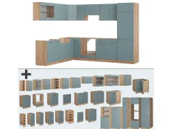 Cocina esquinera roble azul-gris-dorado 287x60x81.6 r-line