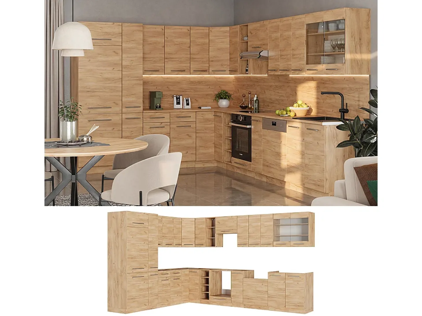 Cocina esquinera roble dorado 347x46x81.6 fame-line