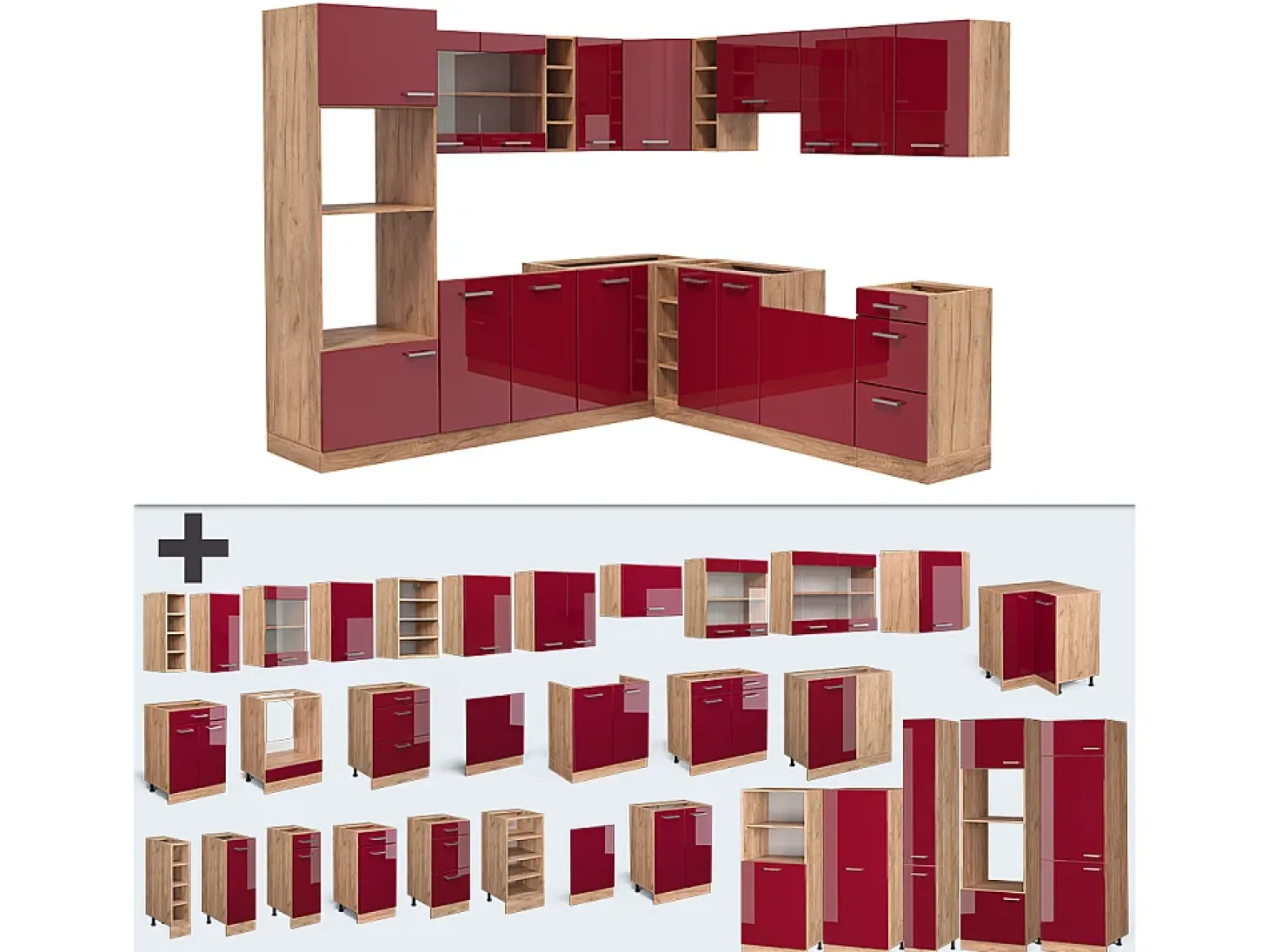 Cocina esquinera rojo brillo intenso/roble dorado 247x60x81.6 r-line