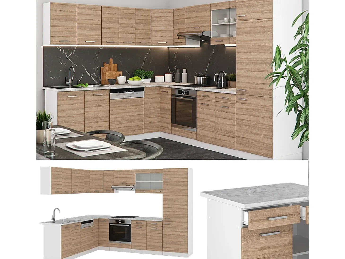 Cocina esquinera sonoma 287x46x81.6 r-line