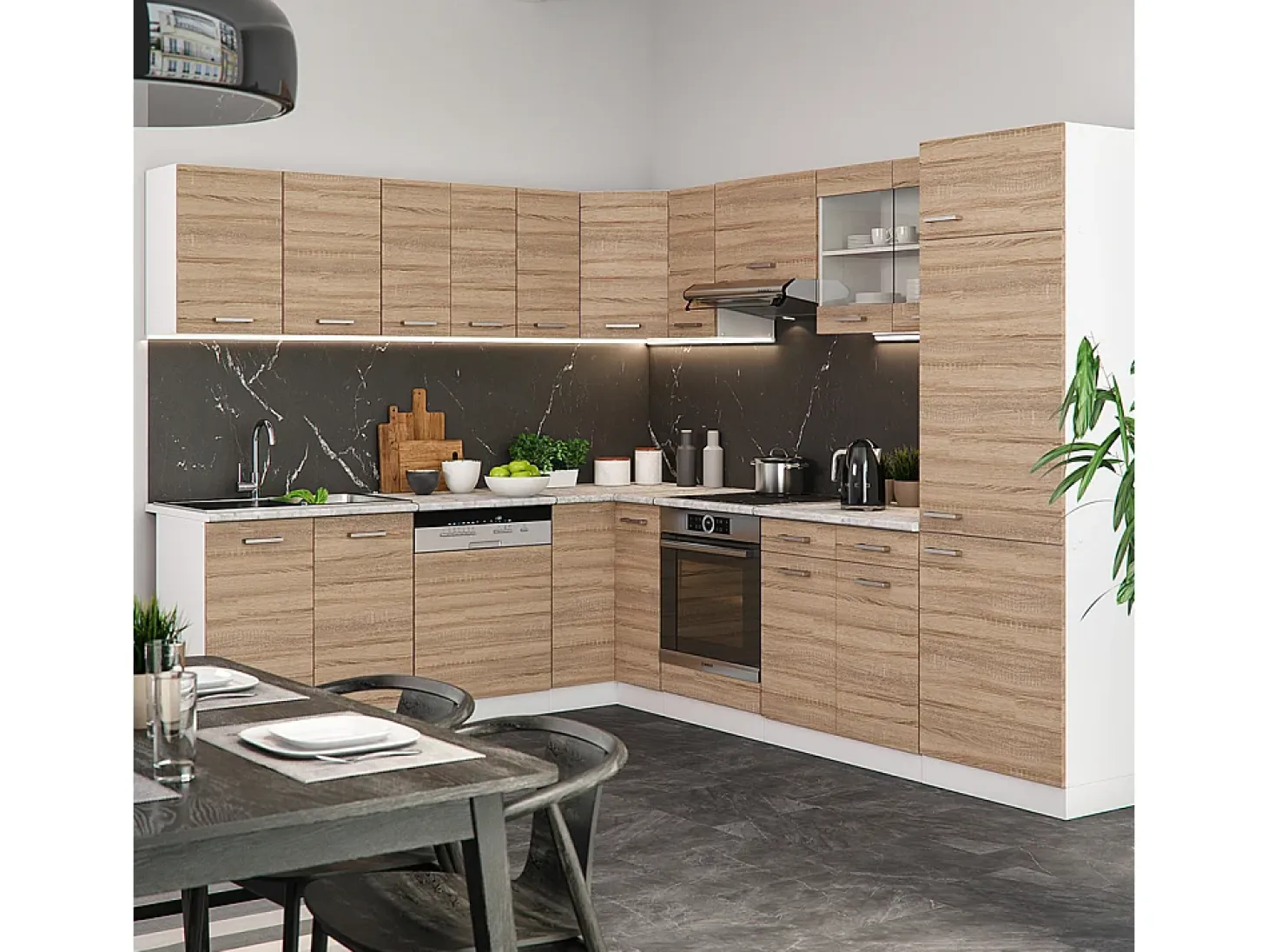 Cocina esquinera sonoma/blanco 287x60x81.6 r-line