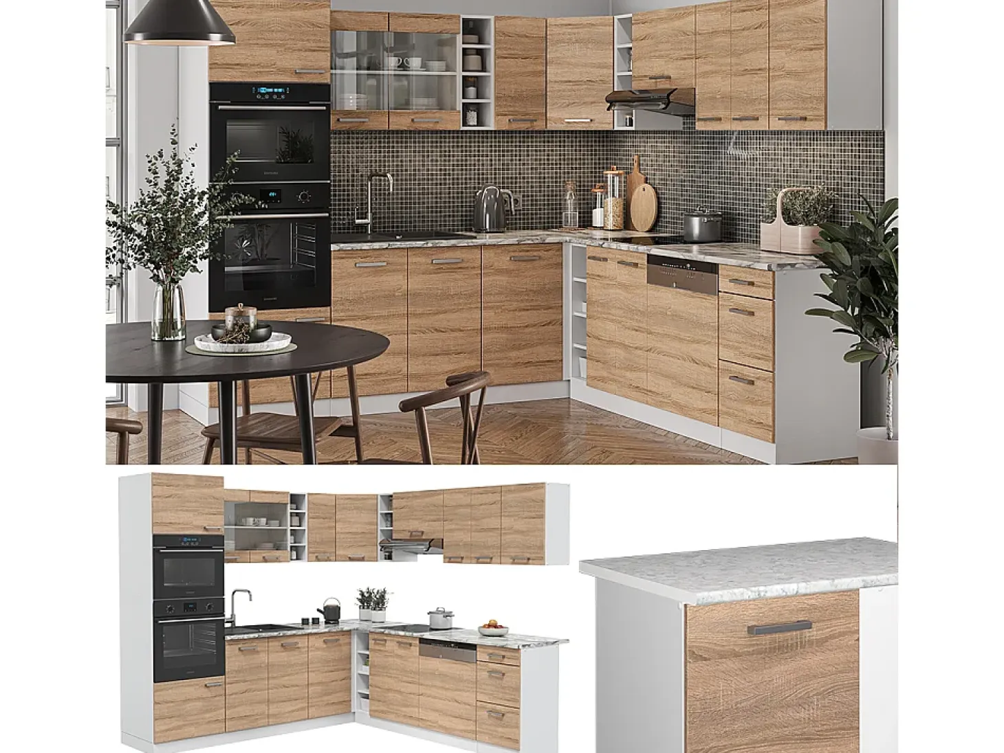 Cocina esquinera sonoma/blanco 247x46x81.6 r-line