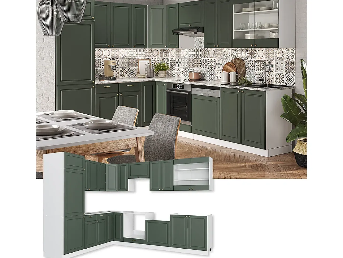 Cocina esquinera verde-dorado casa de campo/blanco 287x60x81.6 fame-line