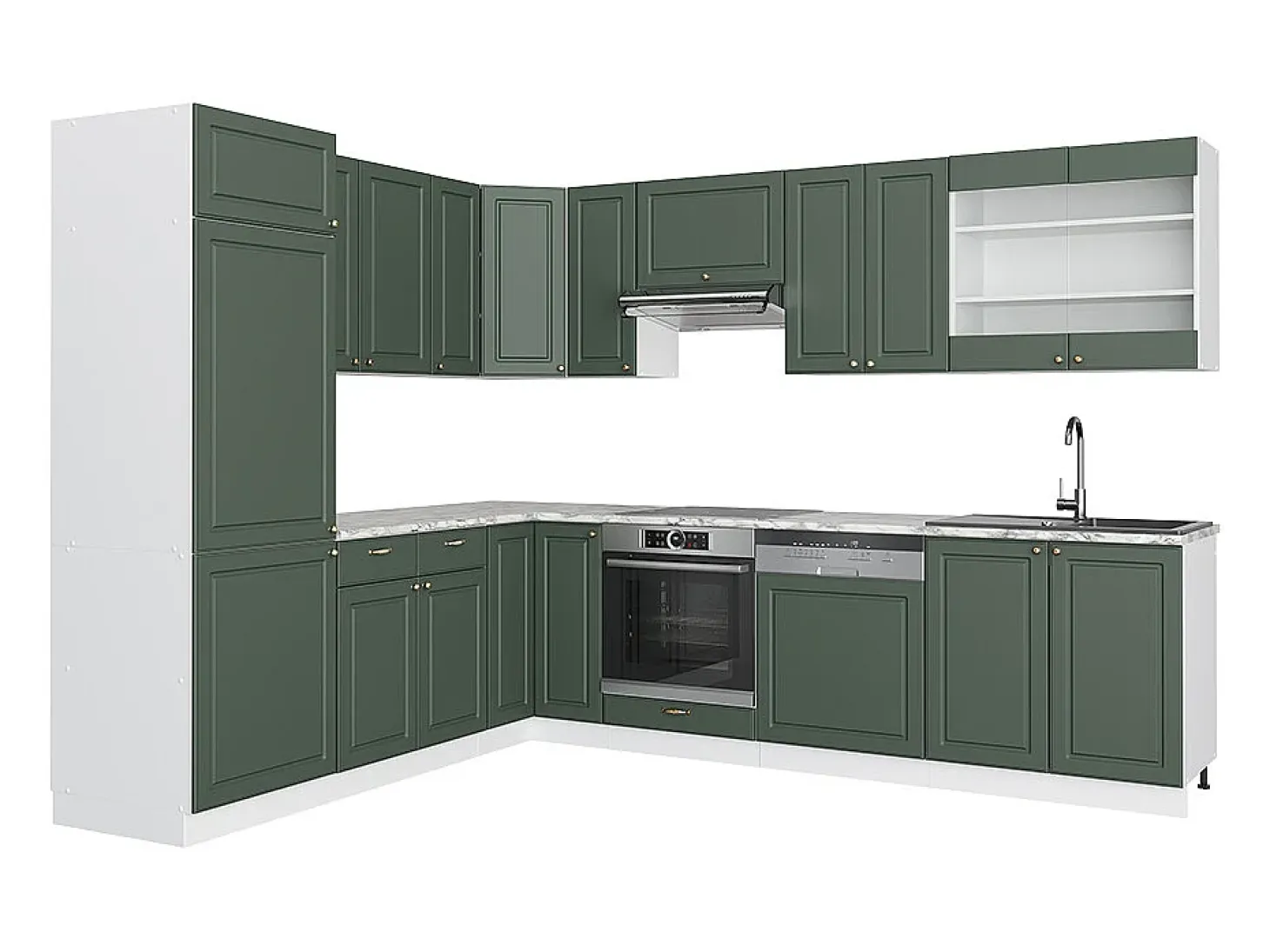 Cocina esquinera verde-dorado casa de campo/blanco 287x60x81.6 fame-line