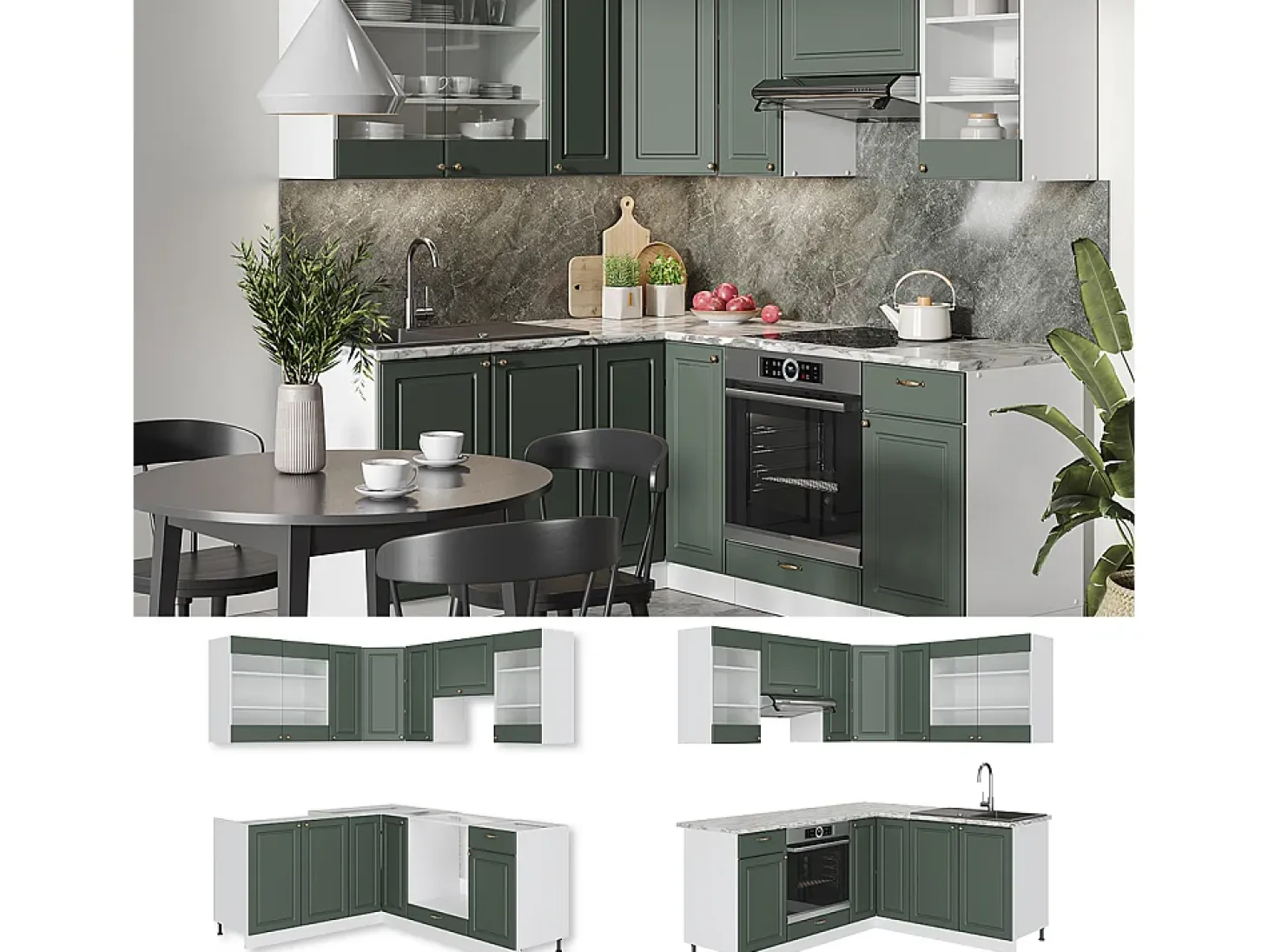 Cocina esquinera verde-dorado casa de campo/blanco 190x46x81.6 fame-line
