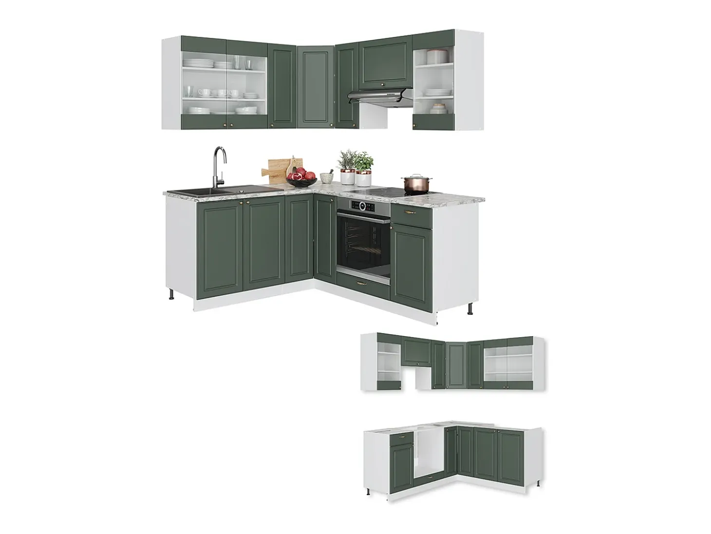 Cocina esquinera verde-dorado casa de campo/blanco 190x46x81.6 fame-line