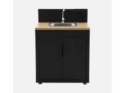 Cocina exterior de acero y decoración de madera 1 fregadero 2 puerta