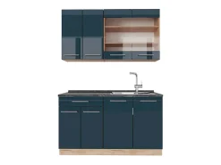 Cocina individual azul oscuro alto brillo/roble dorado 140x60x81.6 fame-line