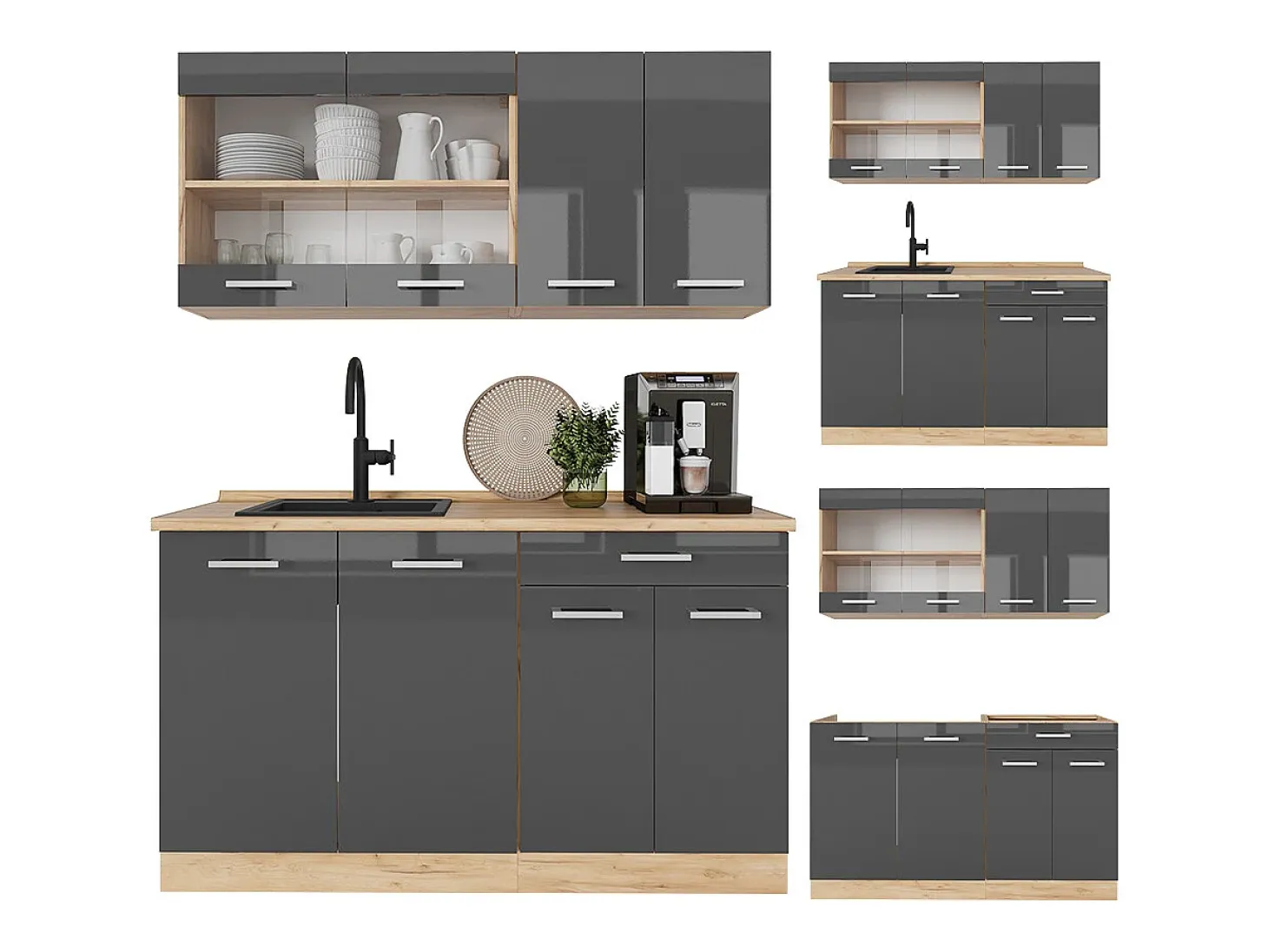Cocina versátil antracita brillo intenso/roble dorado eléctrico 140x60x81.6 r-line