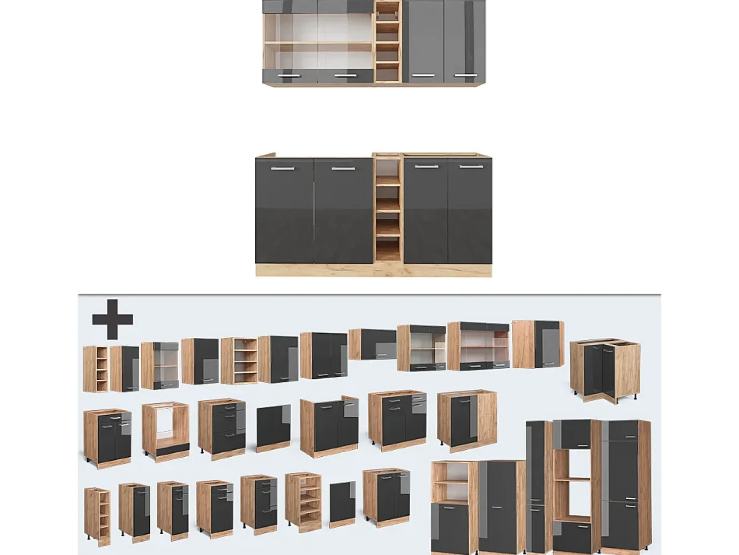 Cocina versátil antracita brillo intenso/roble dorado eléctrico 160x60x81.6 r-line