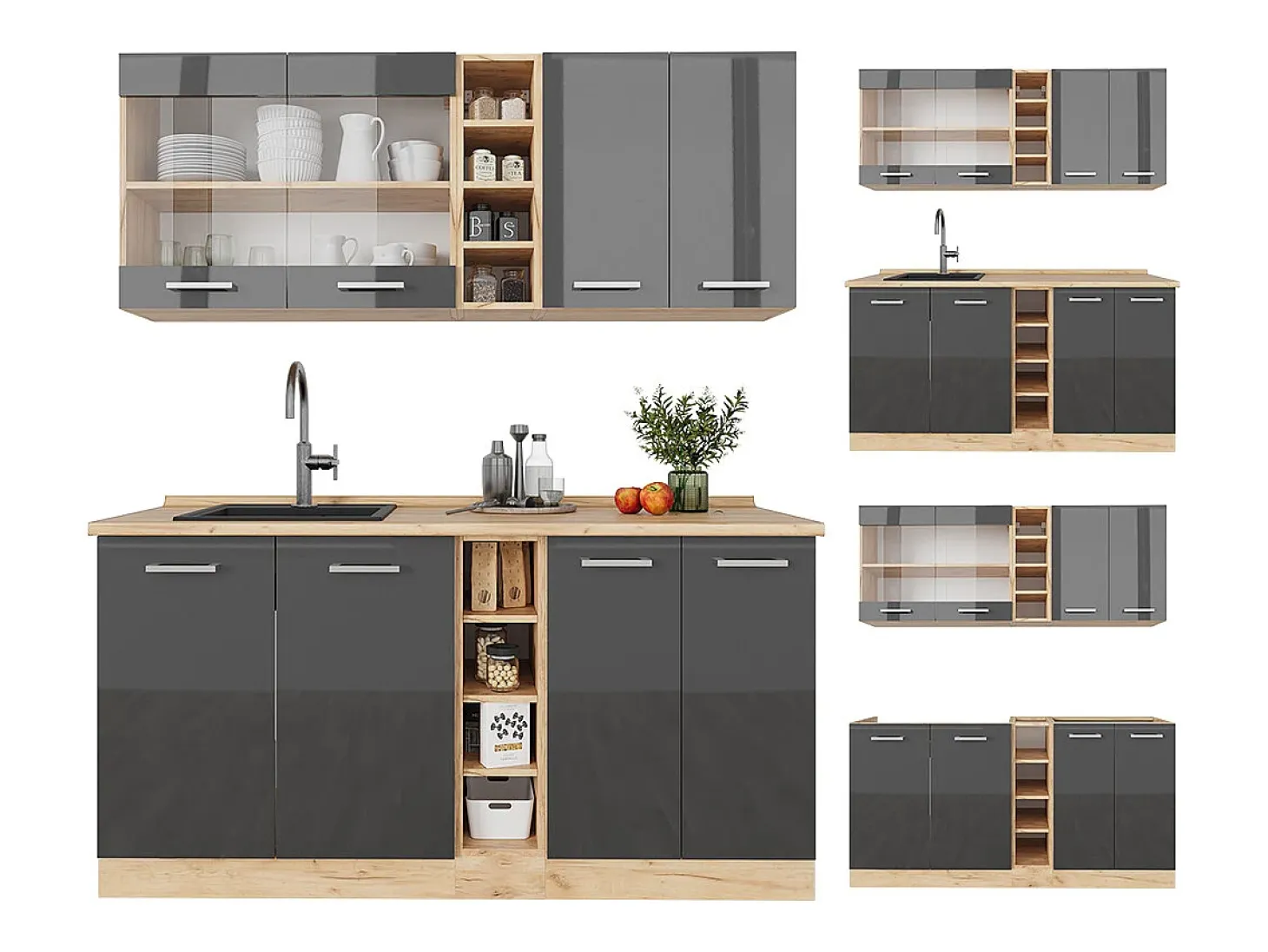 Cocina versátil antracita brillo intenso/roble dorado eléctrico 160x60x81.6 r-line