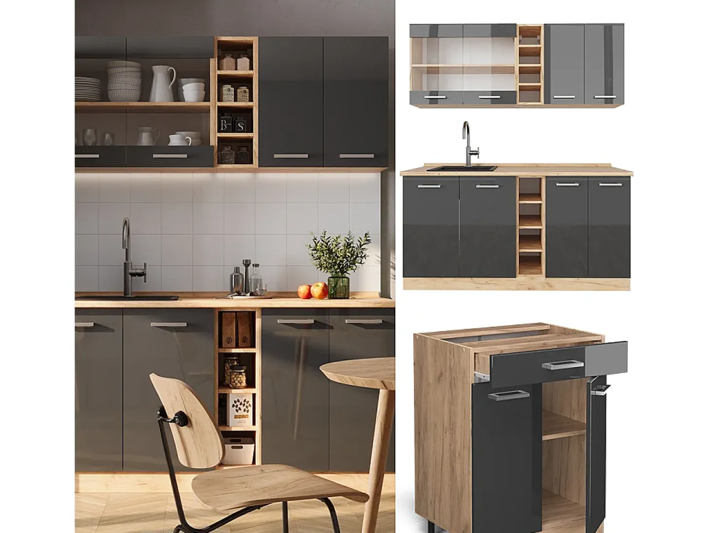 Cocina versátil antracita brillo intenso/roble dorado eléctrico 160x60x81.6 r-line