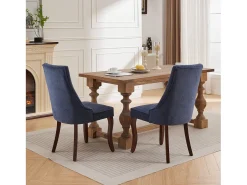 Conjunto de 2 sillas azules con patas de madera curvadas y respaldo alto.