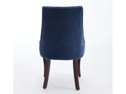 Conjunto de 2 sillas azules con patas de madera curvadas y respaldo alto.