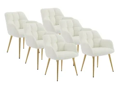 Conjunto de 6 sillas con reposabrazos - Tela de bouclé y metal dorado - Blanco - PEGA