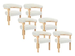 Conjunto de 6 sillas con reposabrazos en tela bouclé y hevea - Blanco y natural - LIVELIA