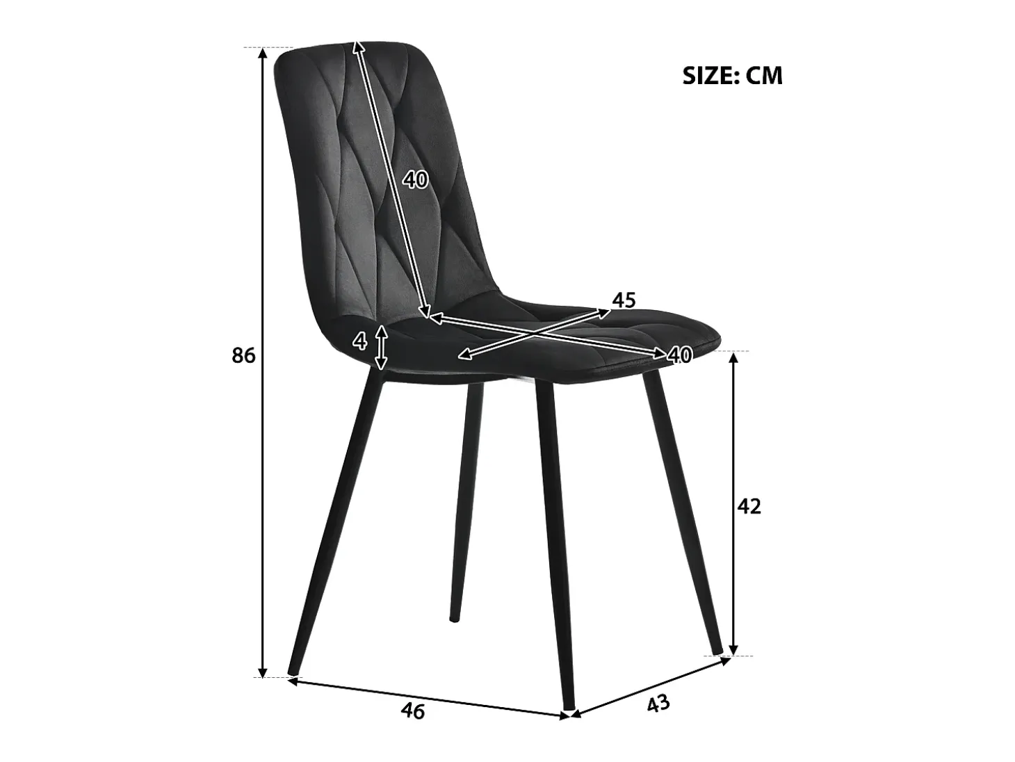 Conjunto de 4 sillas de comedor en terciopelo negro con respaldo acolchado y patas de metal