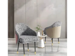 Conjunto de 2 sillas de comedor de lino con patas de metal - Gris claro y beige - Silla moderna acolchonada con revestimiento de tela
