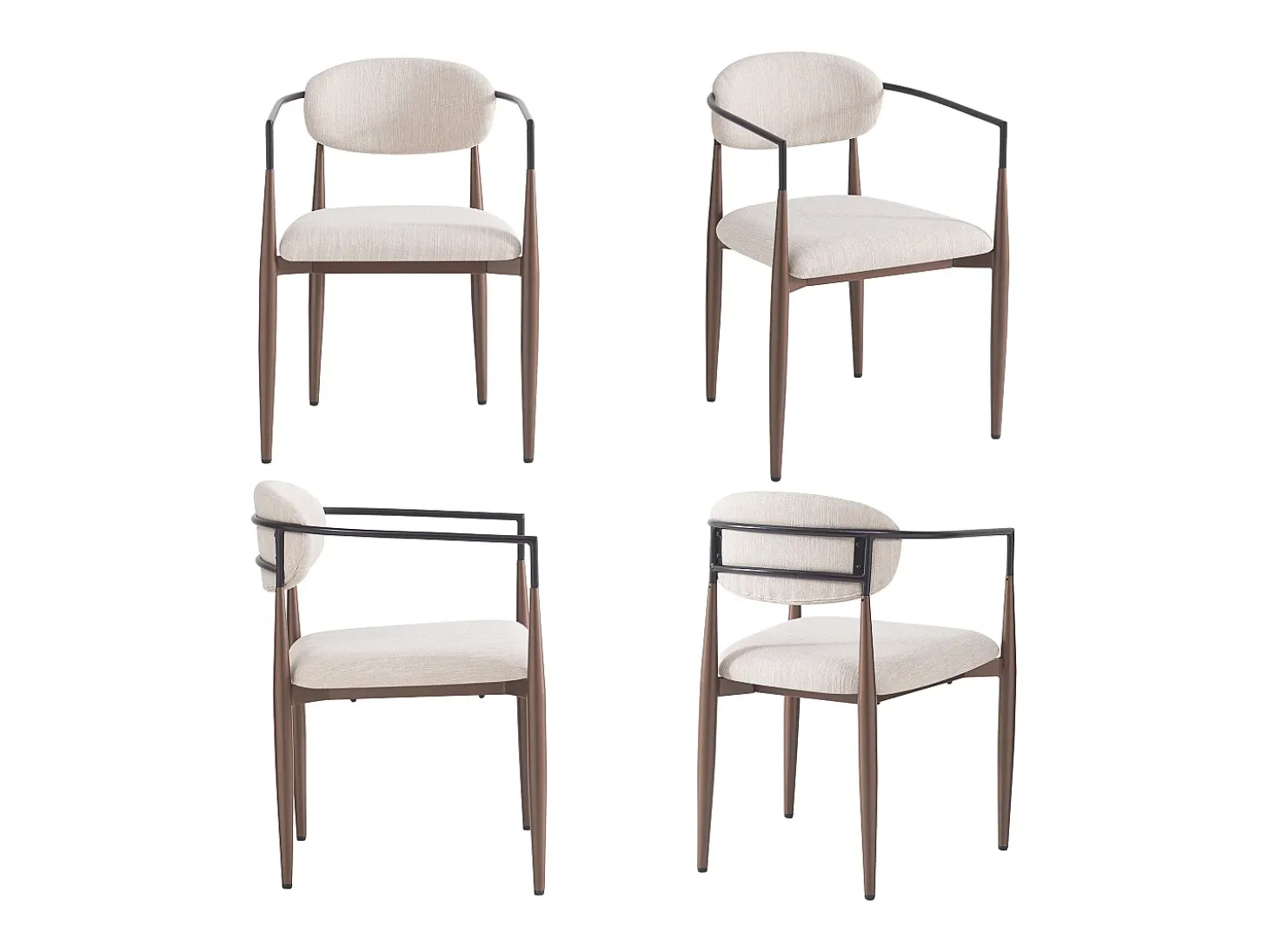Conjunto de 4 sillas de lino beige, estructura de metal marrón