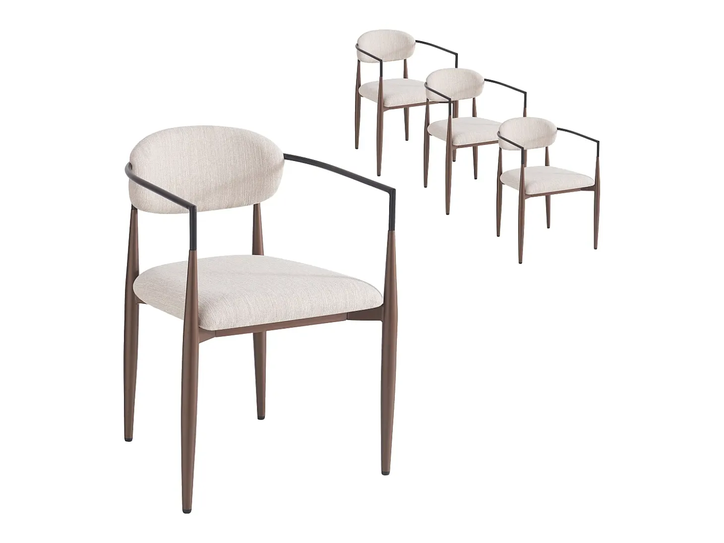 Conjunto de 4 sillas de lino beige, estructura de metal marrón