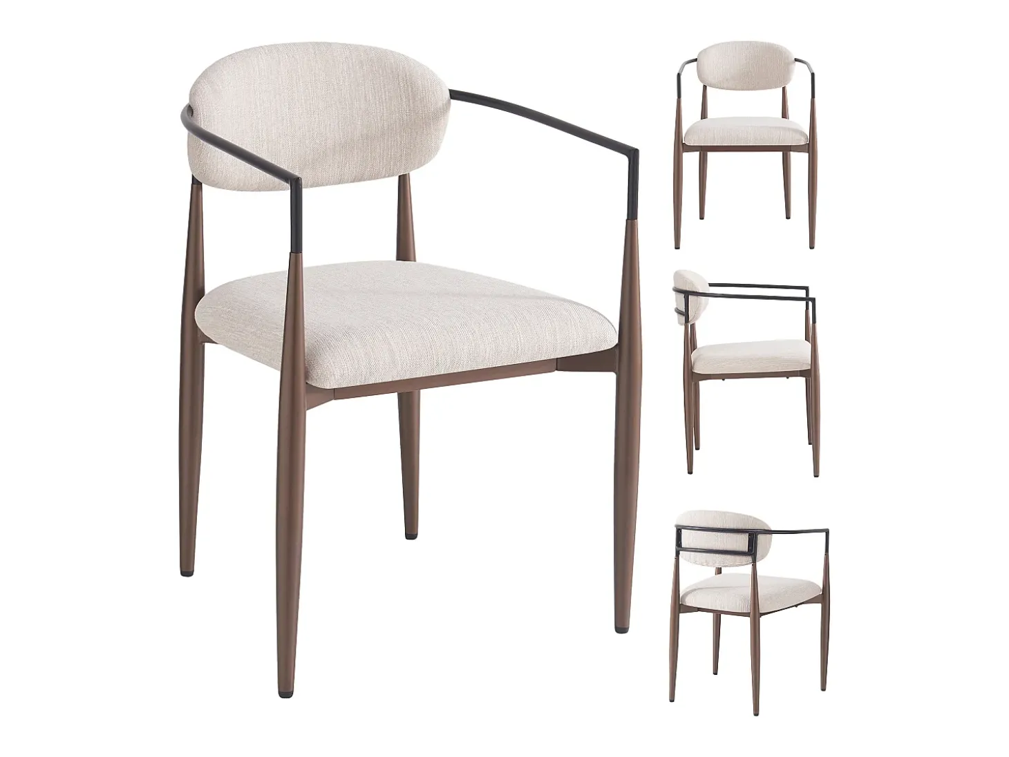 Conjunto de 4 sillas de lino beige, estructura de metal marrón