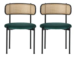 Conjunto de 2 sillas de terciopelo, respaldo de ratán y patas de metal negro - verde