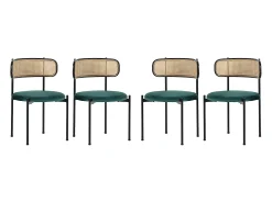 Conjunto de 4 sillas de terciopelo con respaldo de ratán y patas de metal negro - verde