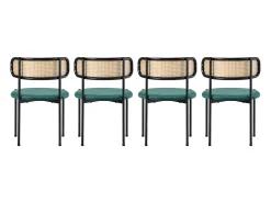 Conjunto de 4 sillas de terciopelo con respaldo de ratán y patas de metal negro - verde