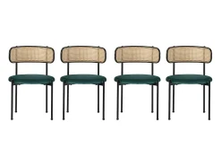 Conjunto de 4 sillas de terciopelo con respaldo de ratán y patas de metal negro - verde