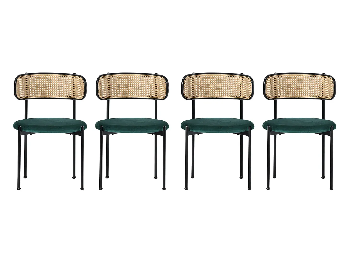 Conjunto de 4 sillas de terciopelo con respaldo de ratán y patas de metal negro - verde