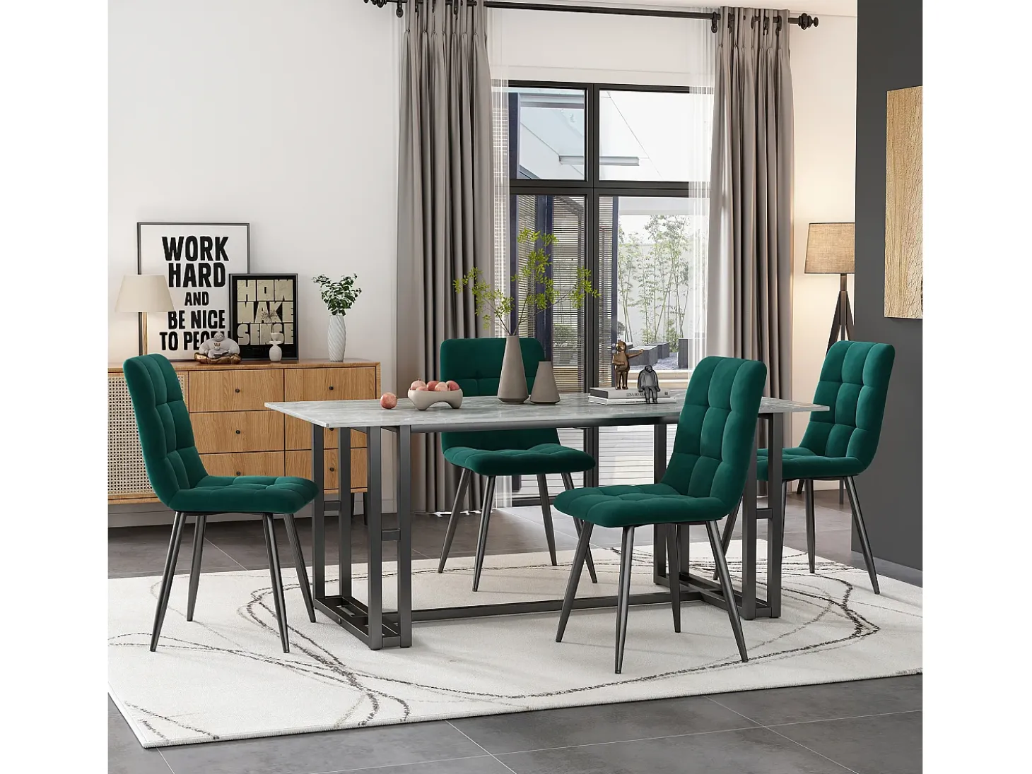 Conjunto de 4 sillas de terciopelo verde con patas de metal negro