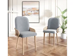 Conjunto de 4 sillas de terciopelo con patas de metal - Diseño de ratán - Gris y madera clara
