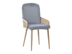 Conjunto de 4 sillas de terciopelo con patas de metal - Diseño de ratán - Gris y madera clara