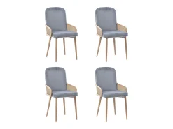 Conjunto de 4 sillas de terciopelo con patas de metal - Diseño de ratán - Gris y madera clara