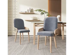 Conjunto de 4 sillas de terciopelo con patas de metal - Diseño de ratán - Gris y madera clara