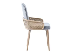 Conjunto de 4 sillas de terciopelo con patas de metal - Diseño de ratán - Gris y madera clara