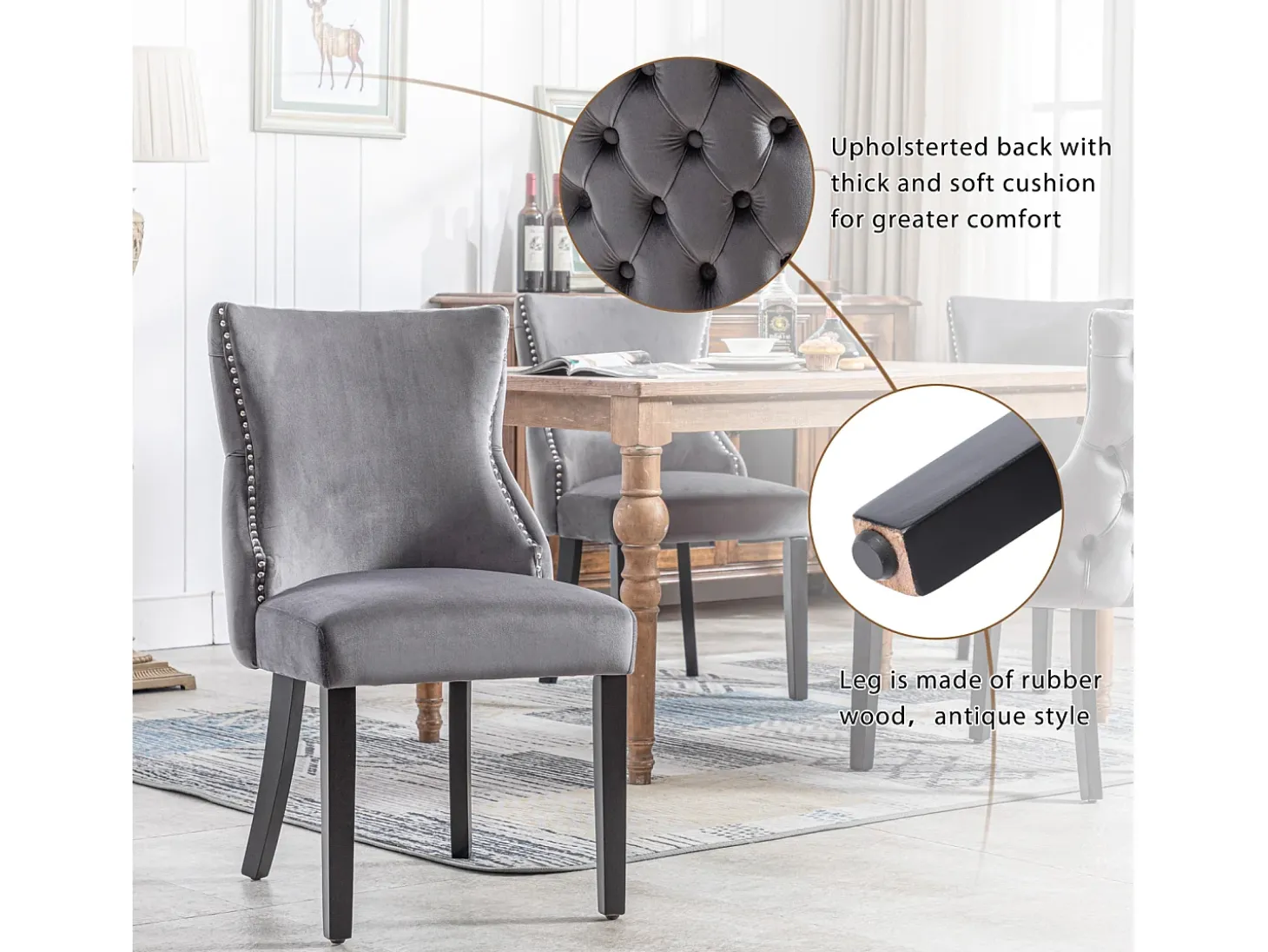 Conjunto de 2 sillas de terciopelo gris - Silla de 4 patas con costura de botones estructura de madera maciza para comedor - 91x50x49cm