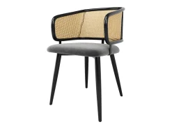Conjunto de 2 sillas de terciopelo gris, respaldo de ratán, 4 patas de metal negro