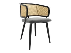 Conjunto de 2 sillas de terciopelo gris, respaldo de ratán, 4 patas de metal negro