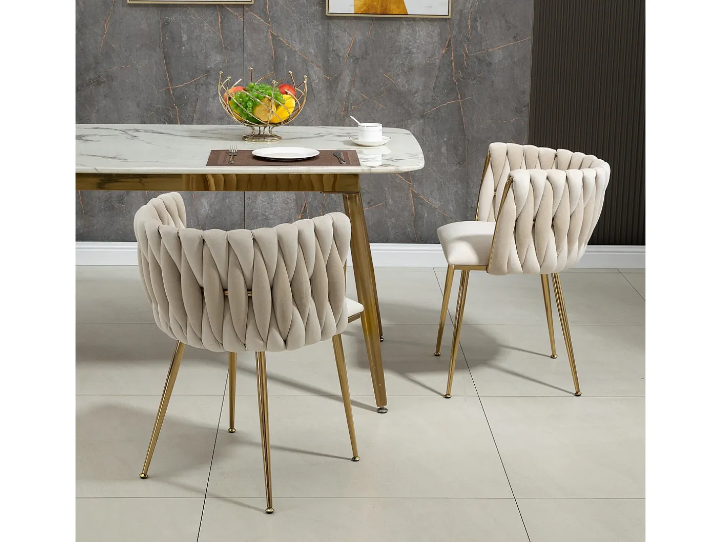 Conjunto de 2 sillas de terciopelo y metal dorado - Marfil